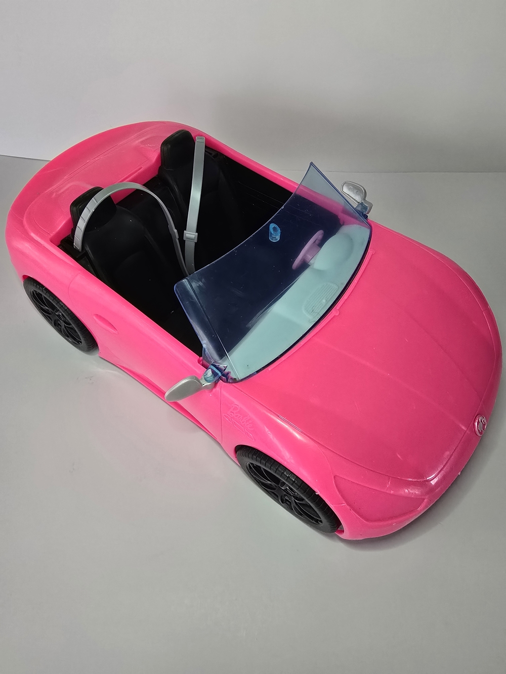 Barbie Hot Pink Convertible Toy Car with Seat belts, Rolling Wheels